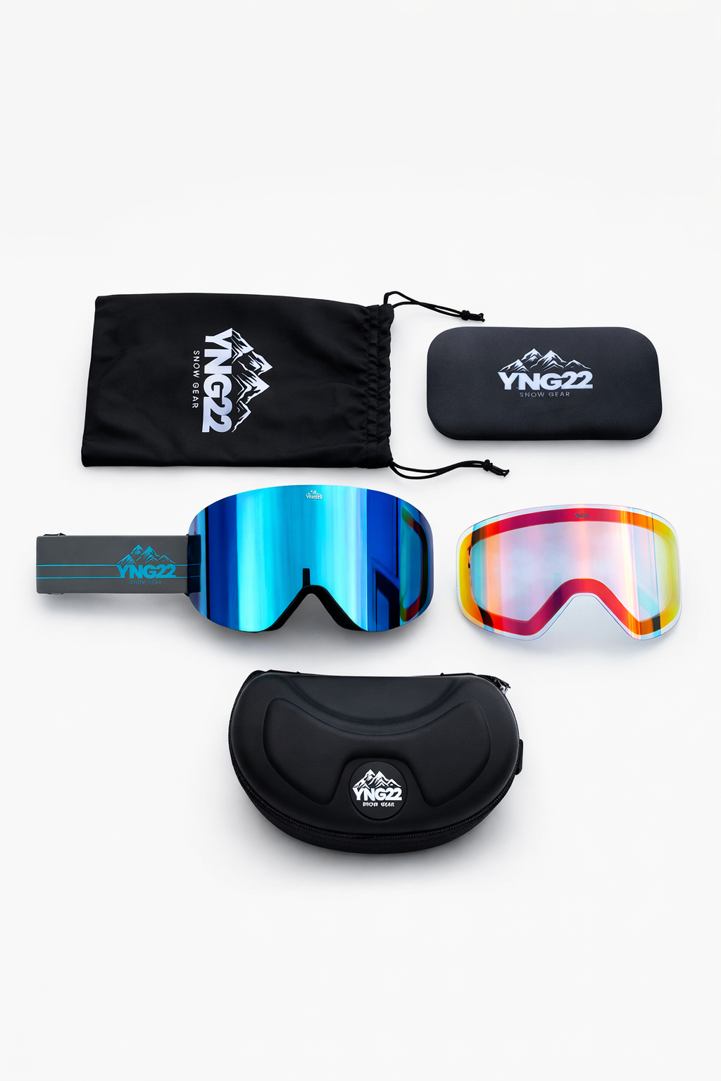 "YNG22 ski- en snowboardbril grijze band, blauwe lens met extra slechtweer lens, hardcase, lensbeschermer en opbergzakje voor optimale bescherming."