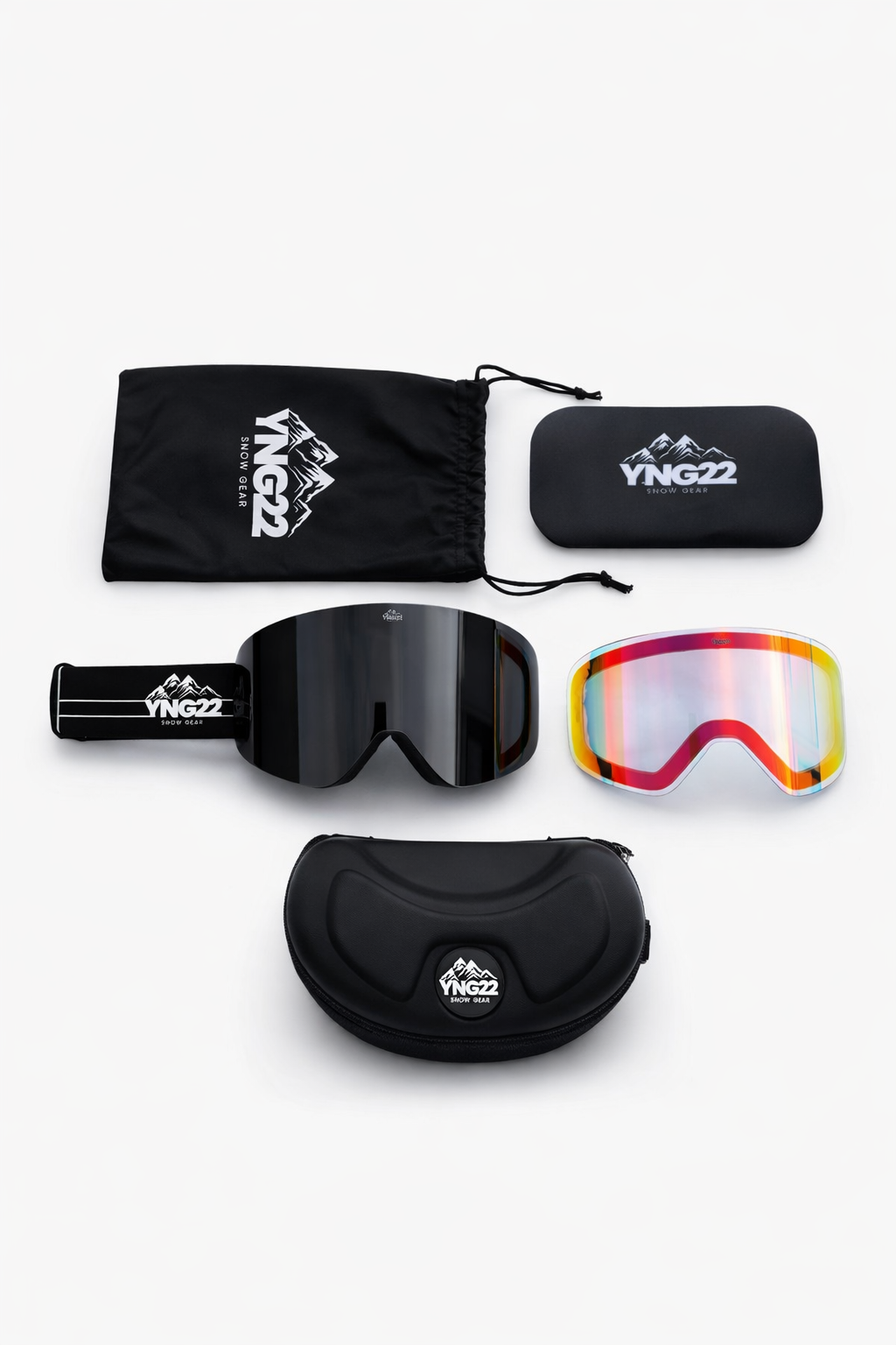 "YNG22 ski- en snowboardbril zwarte band, zwarte lens met extra slechtweer lens, hardcase, lensbeschermer en opbergzakje voor optimale bescherming."