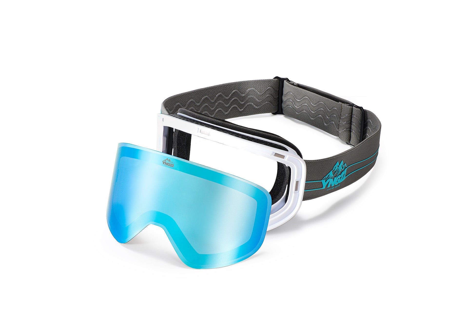 Skibril met verwisselbare lens, grijze band met blauwe lens eraf gehaald