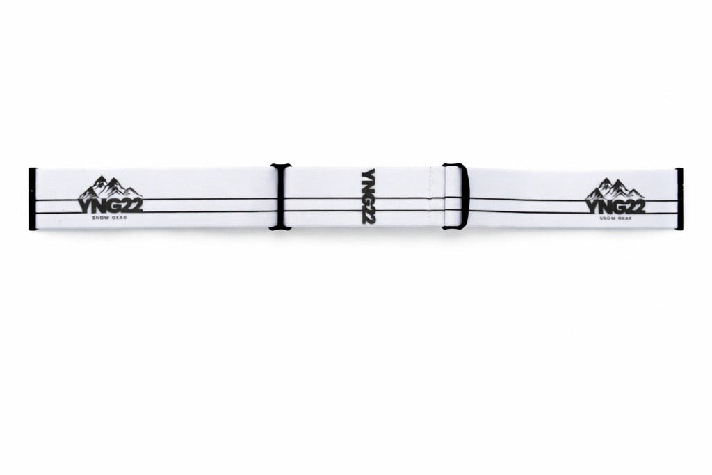 Witte verwisselbare skibril band met zwart YNG22-logo, geschikt voor ski- en snowboardbrillen.