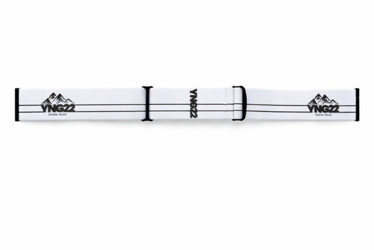 Witte verwisselbare skibril band met zwart YNG22-logo, geschikt voor ski- en snowboardbrillen.