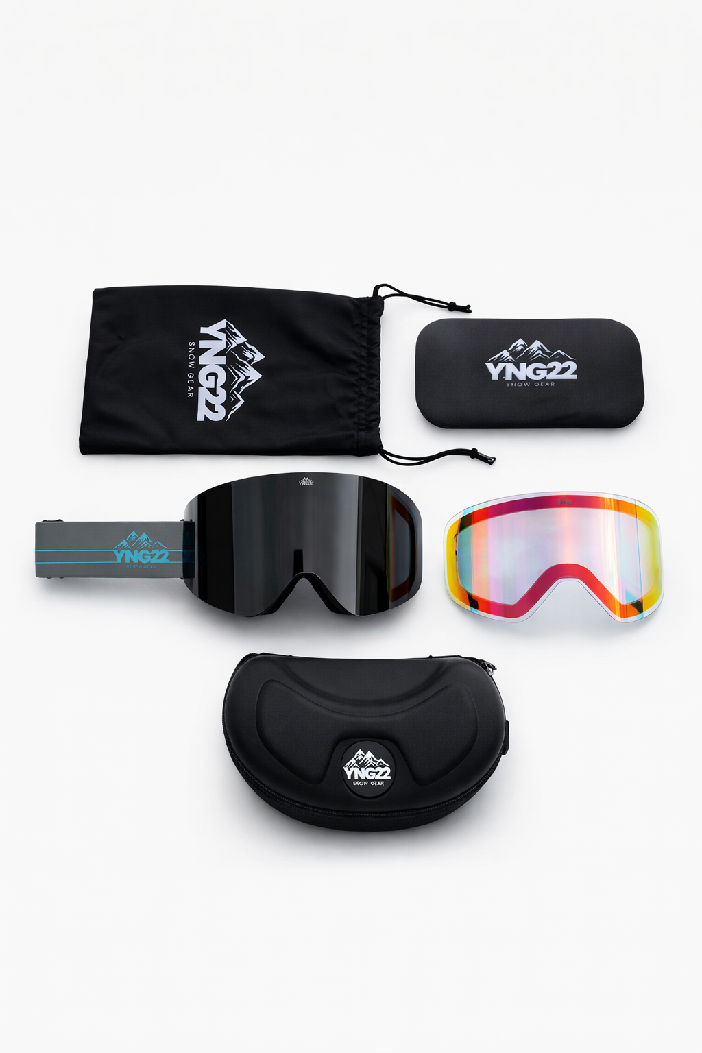 "YNG22 ski- en snowboardbril grijze band, zwarte lens met extra slechtweer lens, hardcase, lensbeschermer en opbergzakje voor optimale bescherming."