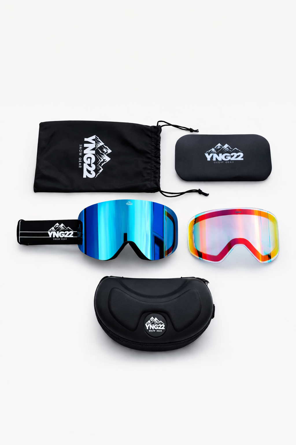 "YNG22 ski- en snowboardbril zwarte band met blauwe lens met extra slechtweer lens, hardcase, lensbeschermer en opbergzakje voor optimale bescherming."