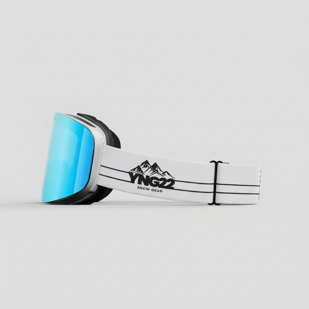 YNG22 skibril witte band blauwe lens zijaanzicht